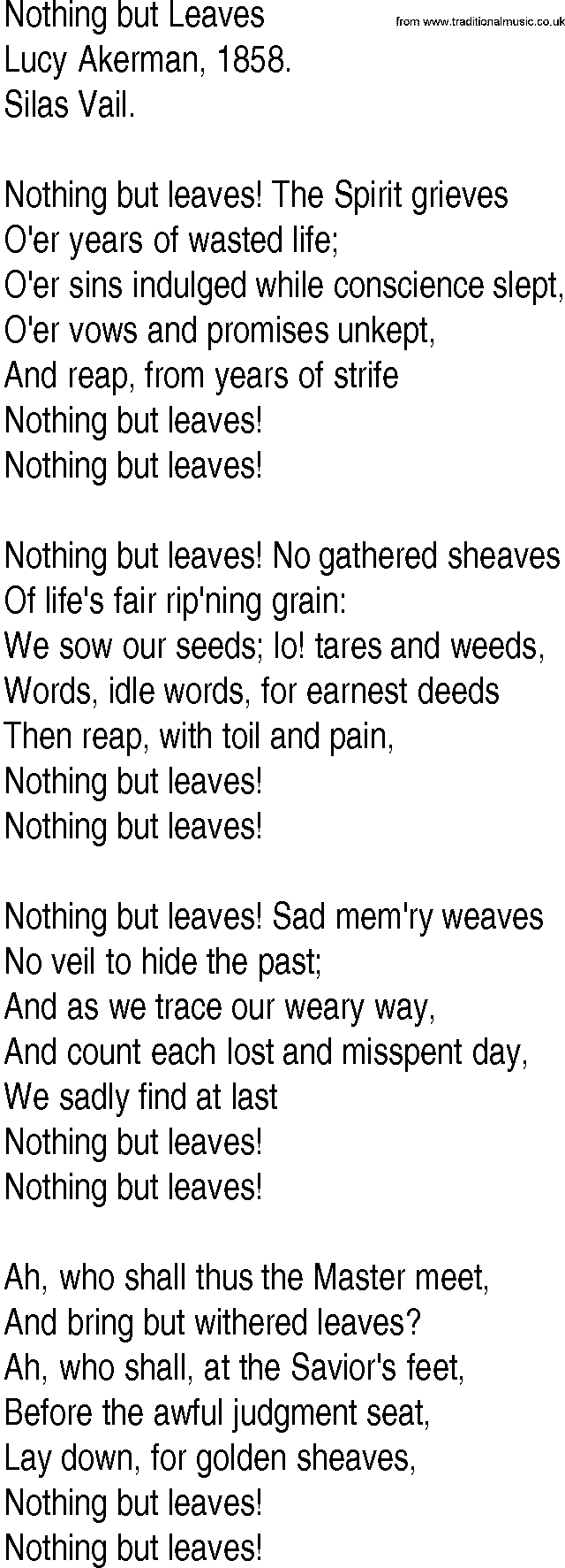 Hymn and Gospel Song: Nothing but Leaves by Lucy Akerman lyrics
