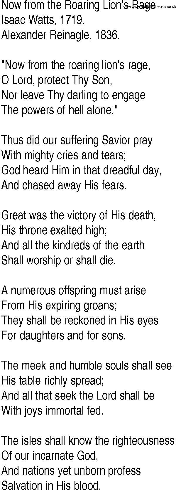 Hymn and Gospel Song: Now from the Roaring Lion's Rage by Isaac Watts lyrics