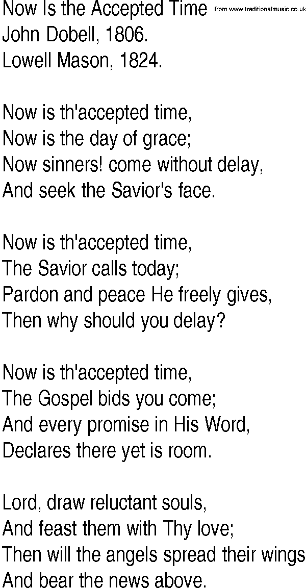Hymn and Gospel Song: Now Is the Accepted Time by John Dobell lyrics
