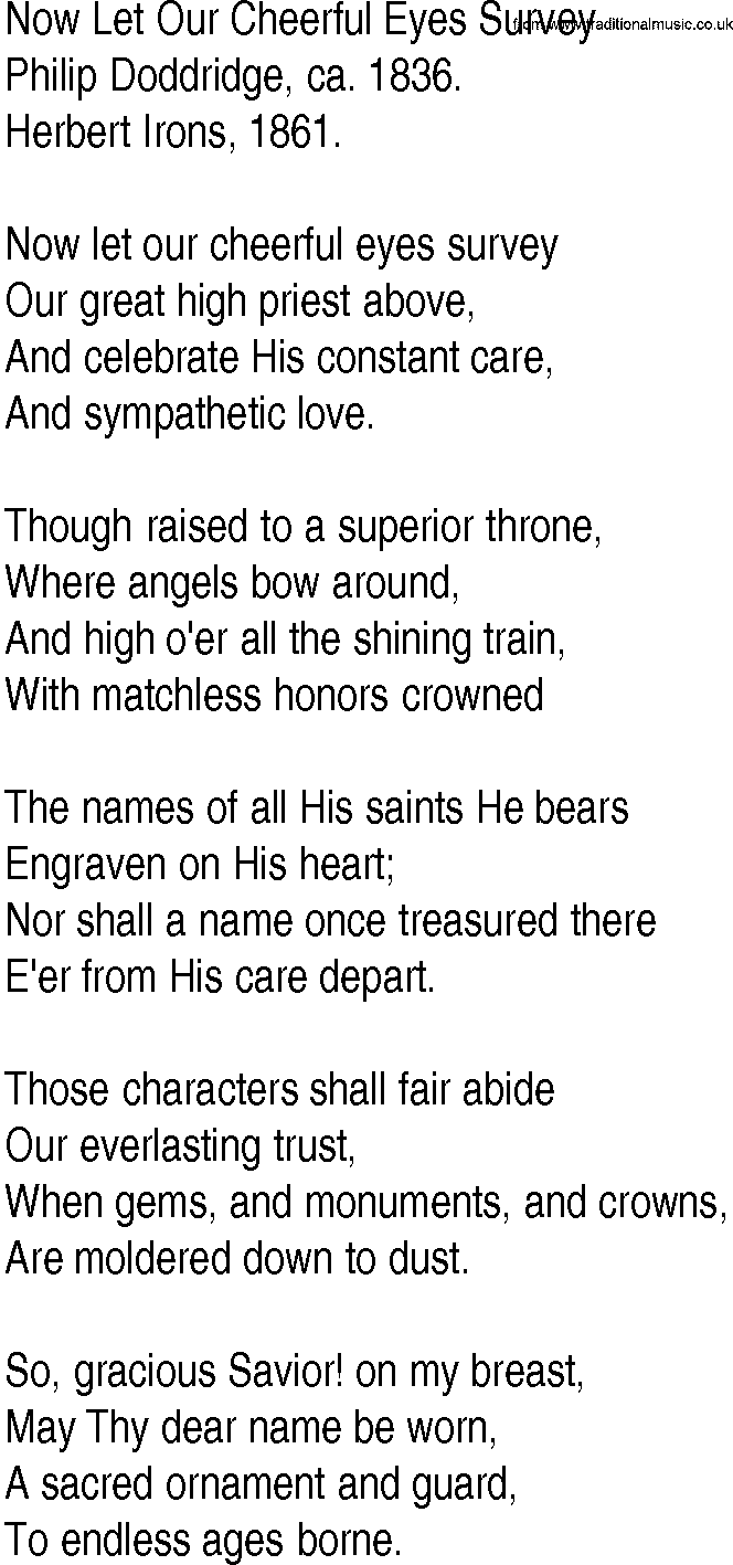Hymn and Gospel Song: Now Let Our Cheerful Eyes Survey by Philip Doddridge ca lyrics