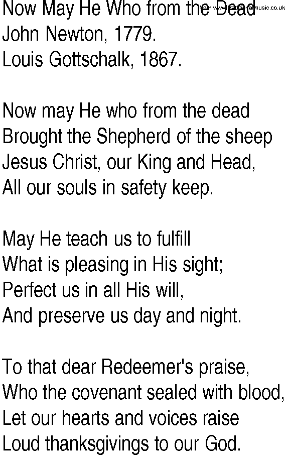Hymn and Gospel Song: Now May He Who from the Dead by John Newton lyrics