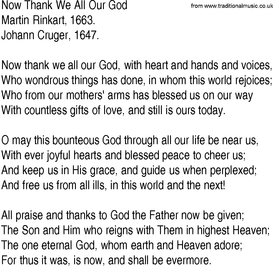 Hymn and Gospel Song: Now Thank We All Our God by Martin Rinkart lyrics