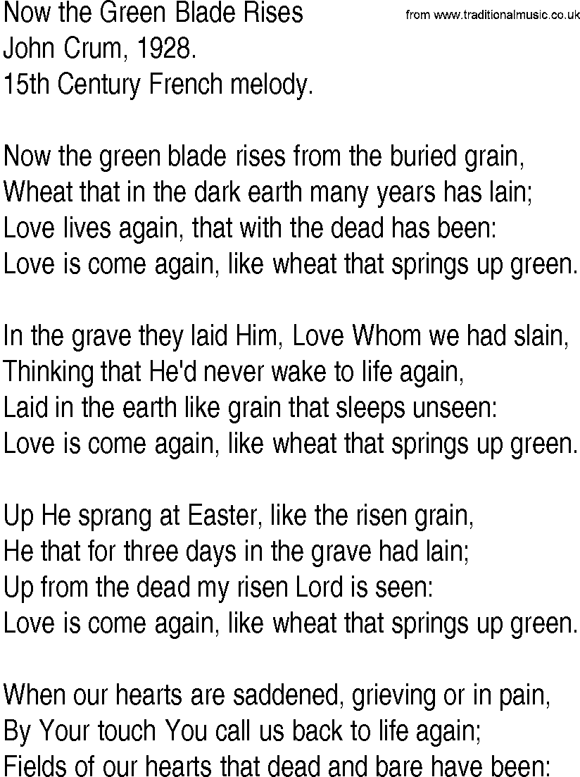Hymn and Gospel Song: Now the Green Blade Rises by John Crum lyrics