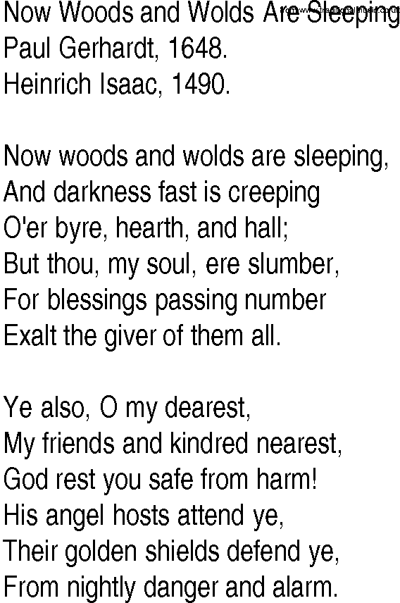 Hymn and Gospel Song: Now Woods and Wolds Are Sleeping by Paul Gerhardt lyrics