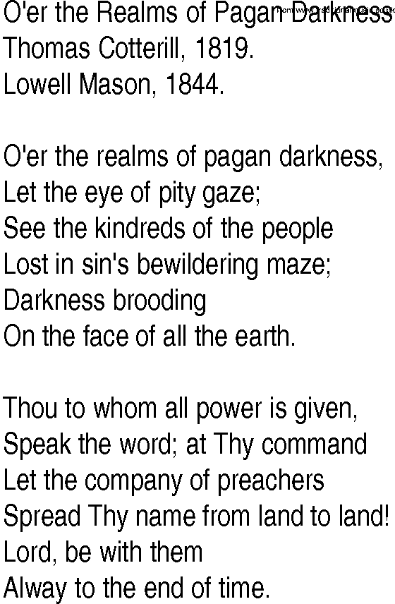 Hymn and Gospel Song: O'er the Realms of Pagan Darkness by Thomas Cotterill lyrics