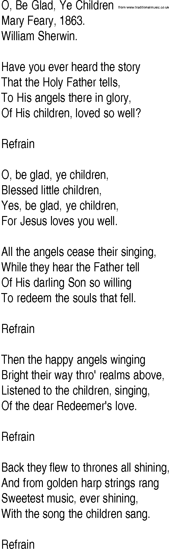Hymn and Gospel Song: O, Be Glad, Ye Children by Mary Feary lyrics