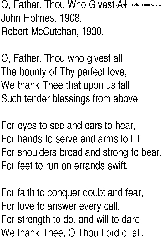 Hymn and Gospel Song: O, Father, Thou Who Givest All by John Holmes lyrics