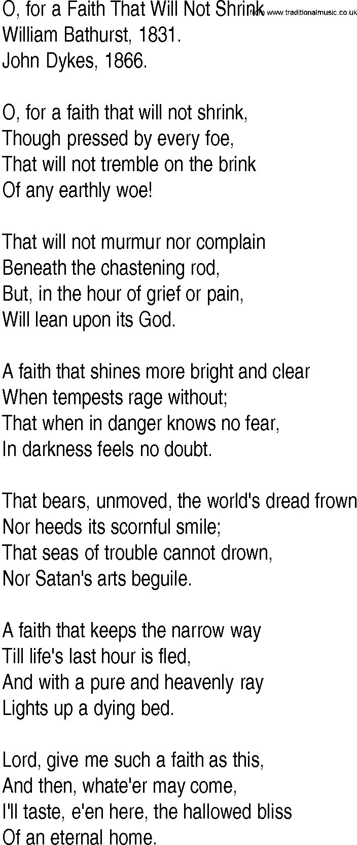 Hymn and Gospel Song: O, for a Faith That Will Not Shrink by William Bathurst lyrics