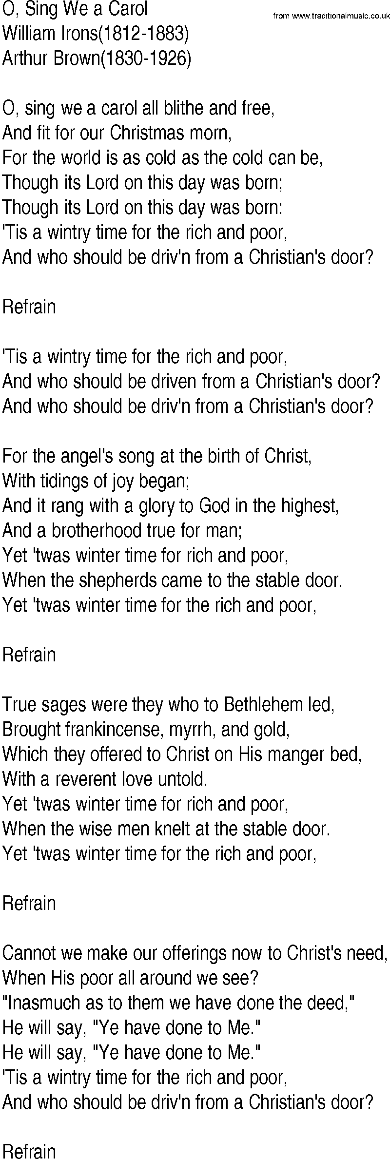Hymn and Gospel Song: O, Sing We a Carol by William Irons lyrics