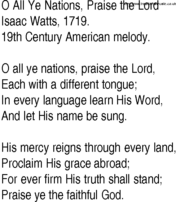 Hymn and Gospel Song: O All Ye Nations, Praise the Lord by Isaac Watts lyrics