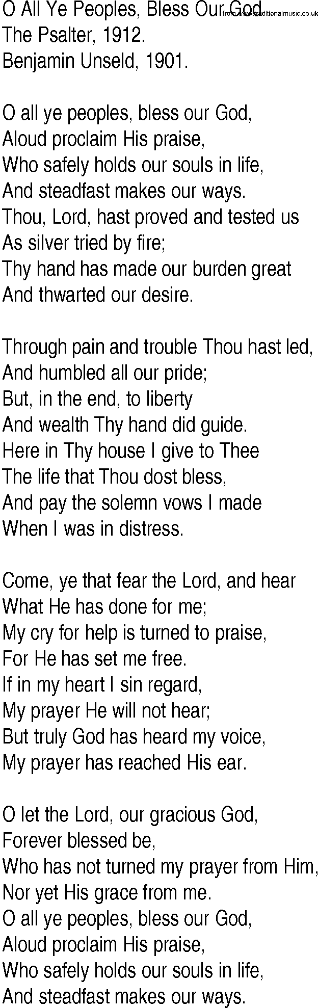 Hymn and Gospel Song: O All Ye Peoples, Bless Our God by The Psalter lyrics