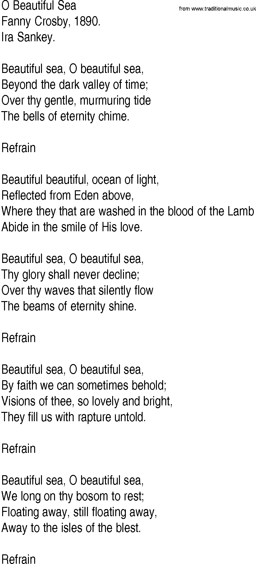 Hymn and Gospel Song: O Beautiful Sea by Fanny Crosby lyrics