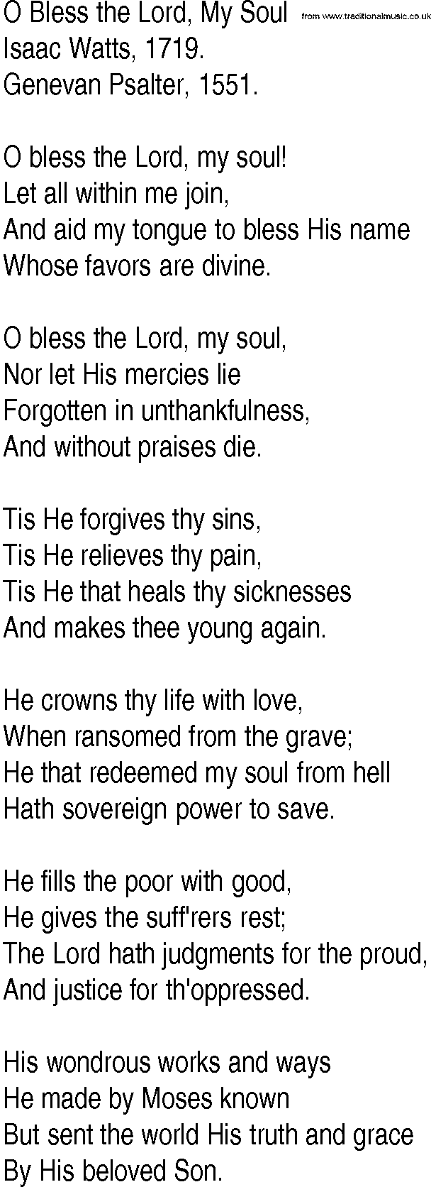 Hymn and Gospel Song: O Bless the Lord, My Soul by Isaac Watts lyrics