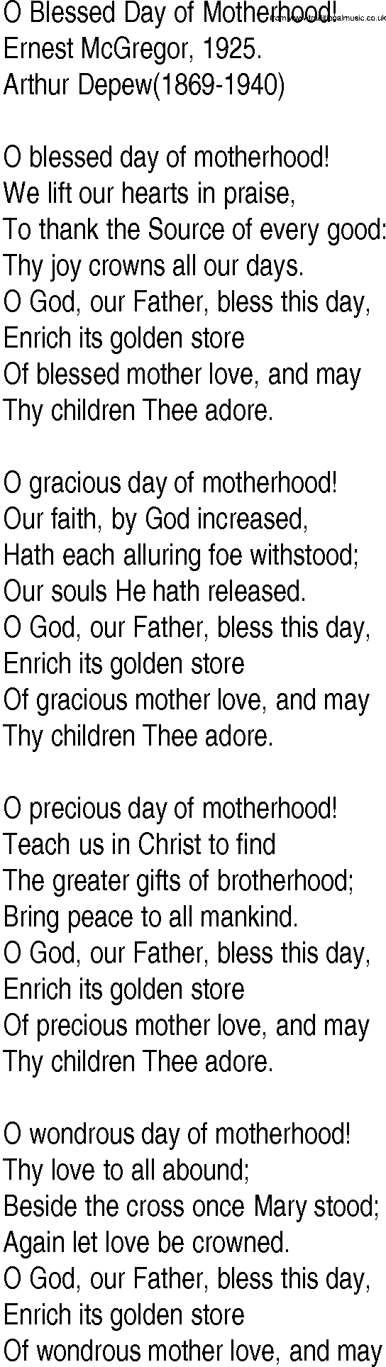 Hymn and Gospel Song: O Blessed Day of Motherhood! by Ernest McGregor lyrics