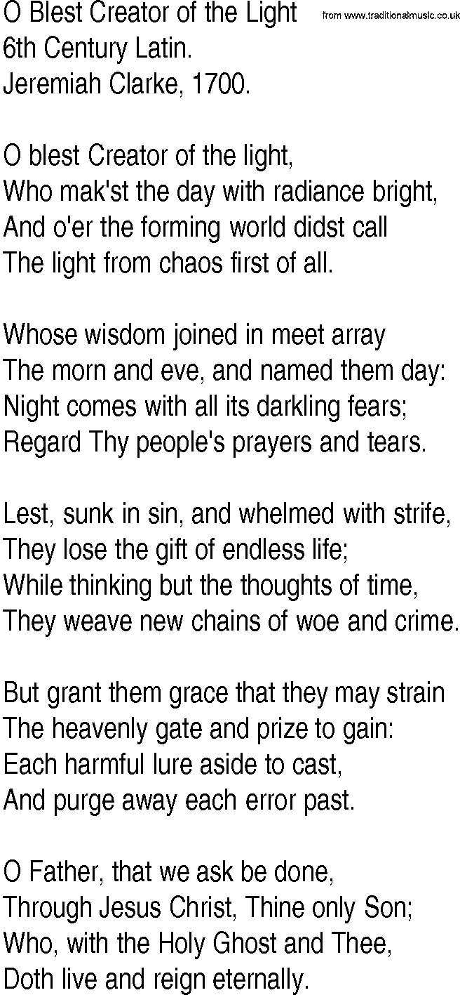 Hymn and Gospel Song: O Blest Creator of the Light by th Century Latin lyrics