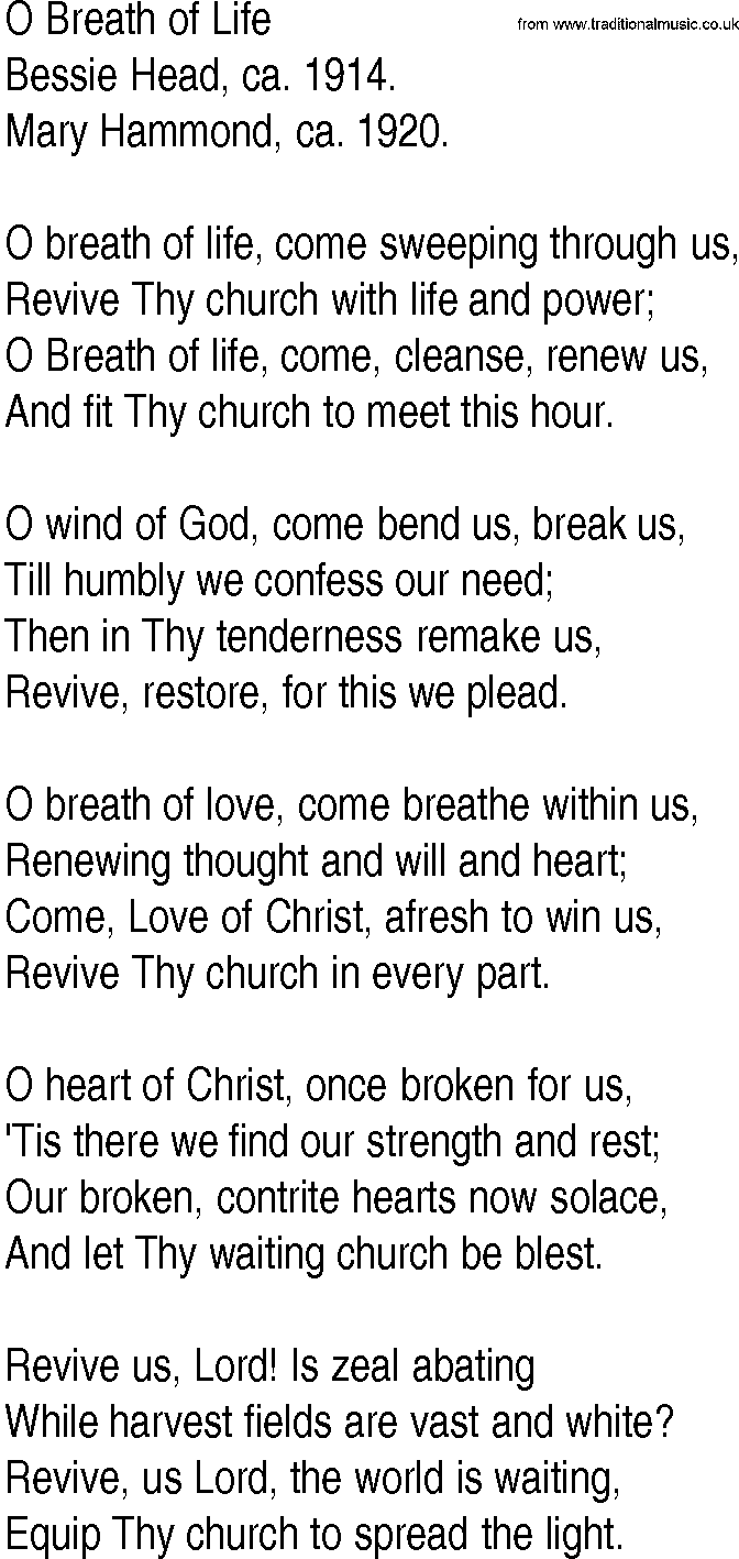 Hymn and Gospel Song: O Breath of Life by Bessie Head ca lyrics