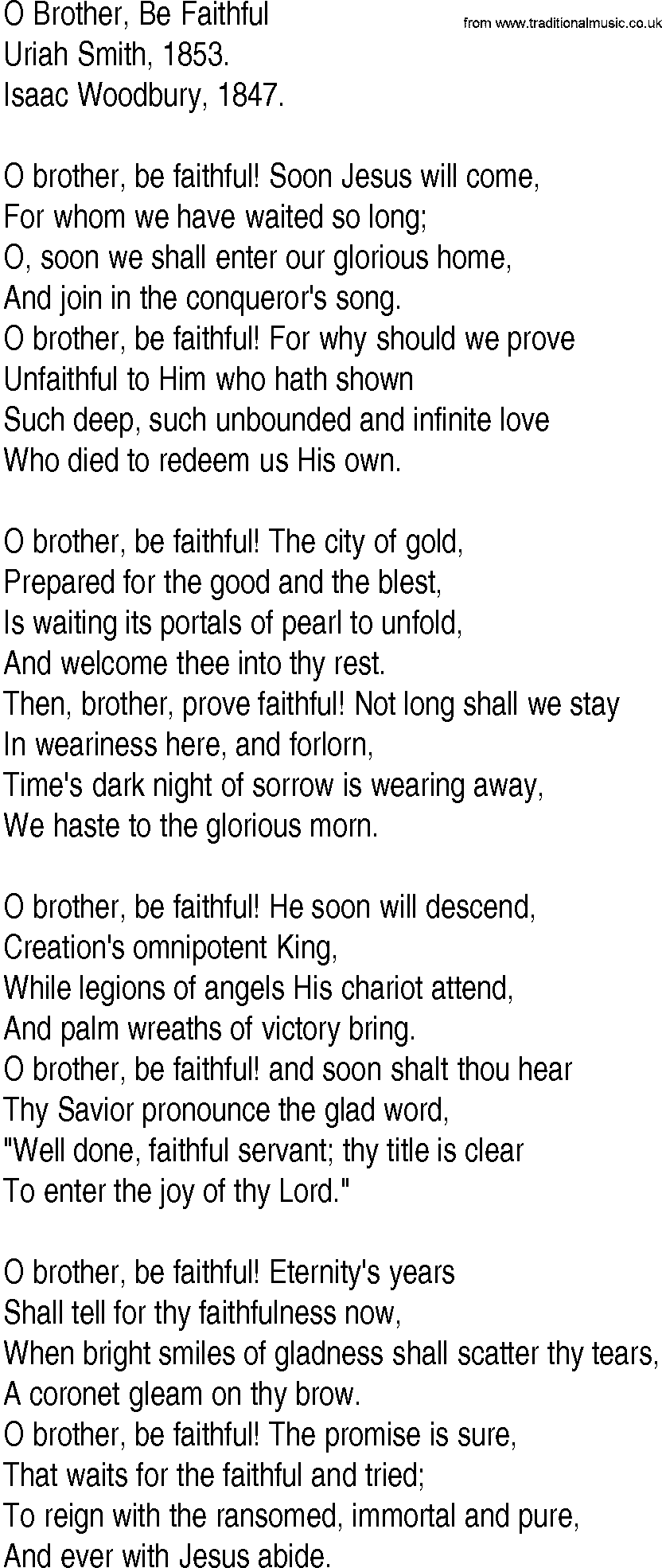 Hymn and Gospel Song: O Brother, Be Faithful by Uriah Smith lyrics