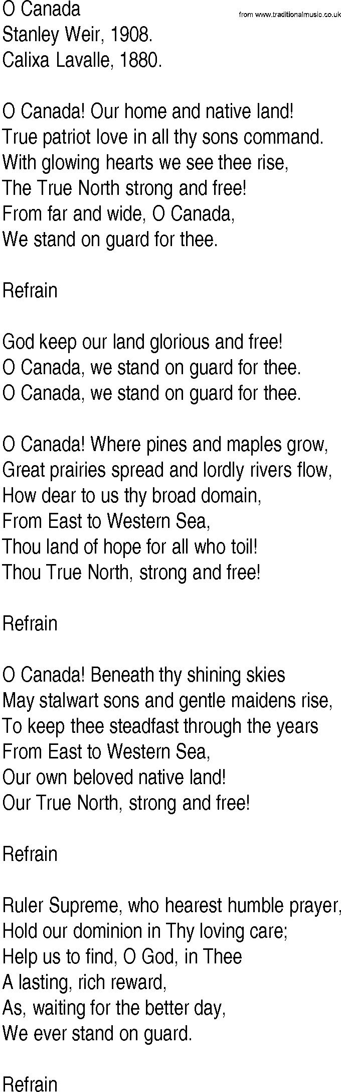 Hymn and Gospel Song: O Canada by Stanley Weir lyrics