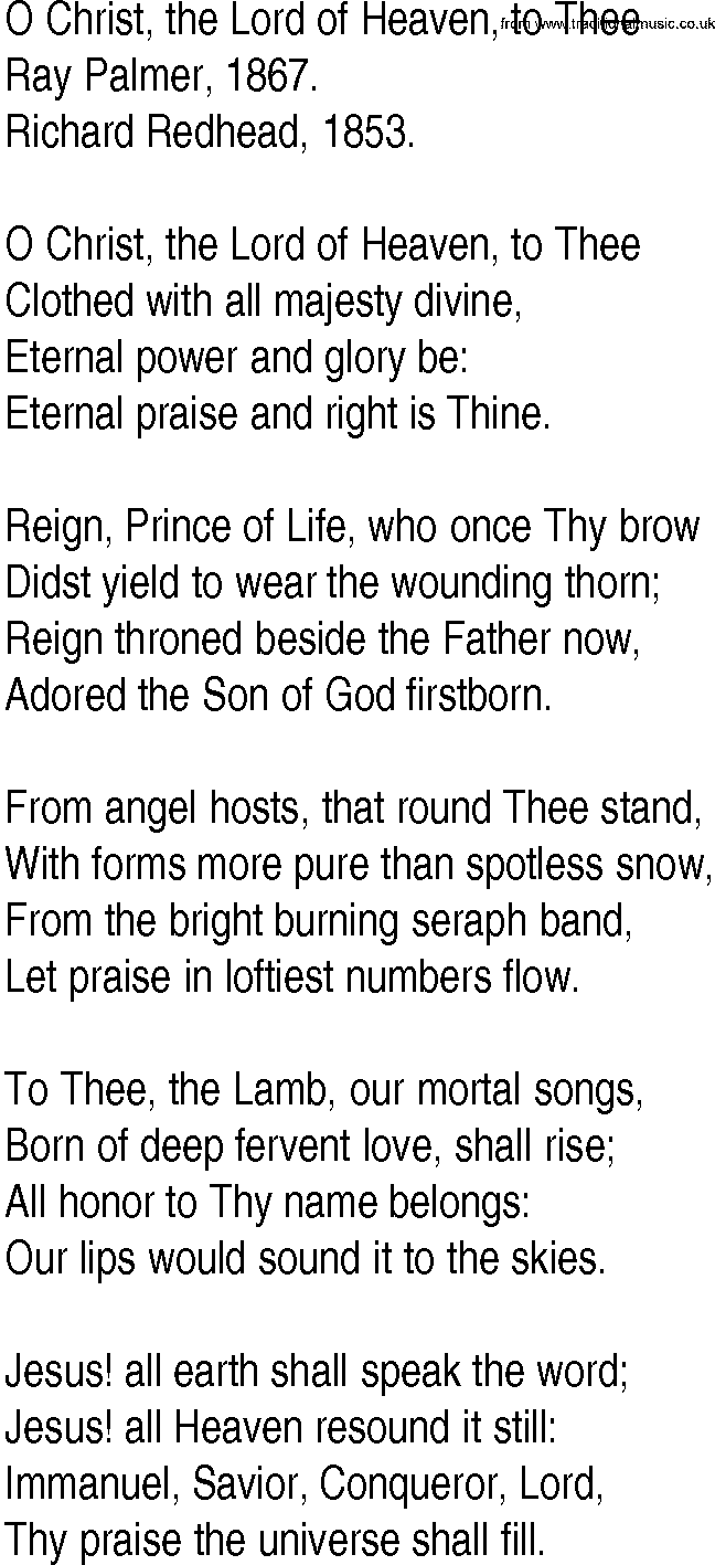 Hymn and Gospel Song: O Christ, the Lord of Heaven, to Thee by Ray Palmer lyrics