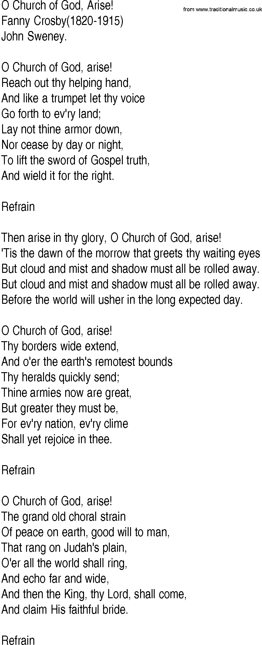 Hymn and Gospel Song: O Church of God, Arise! by Fanny Crosby lyrics