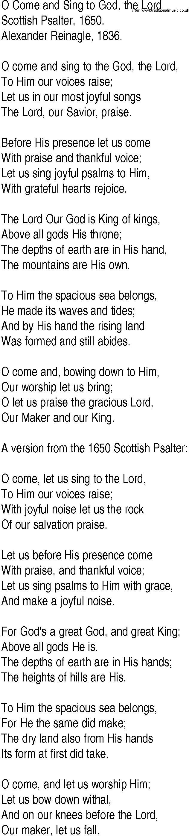 Hymn and Gospel Song: O Come and Sing to God, the Lord by Scottish Psalter lyrics
