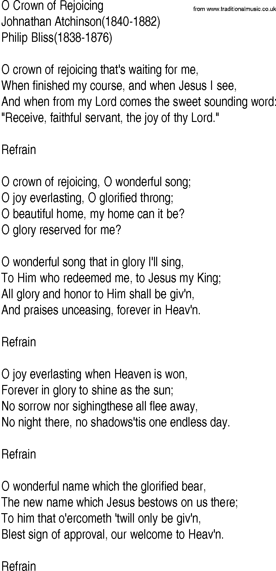 Hymn and Gospel Song: O Crown of Rejoicing by Johnathan Atchinson lyrics