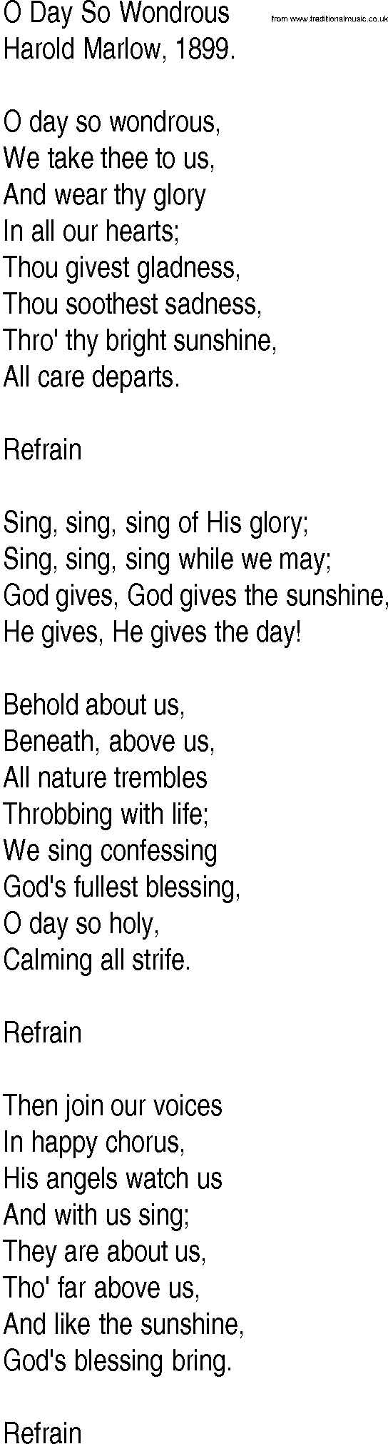 Hymn and Gospel Song: O Day So Wondrous by Harold Marlow lyrics