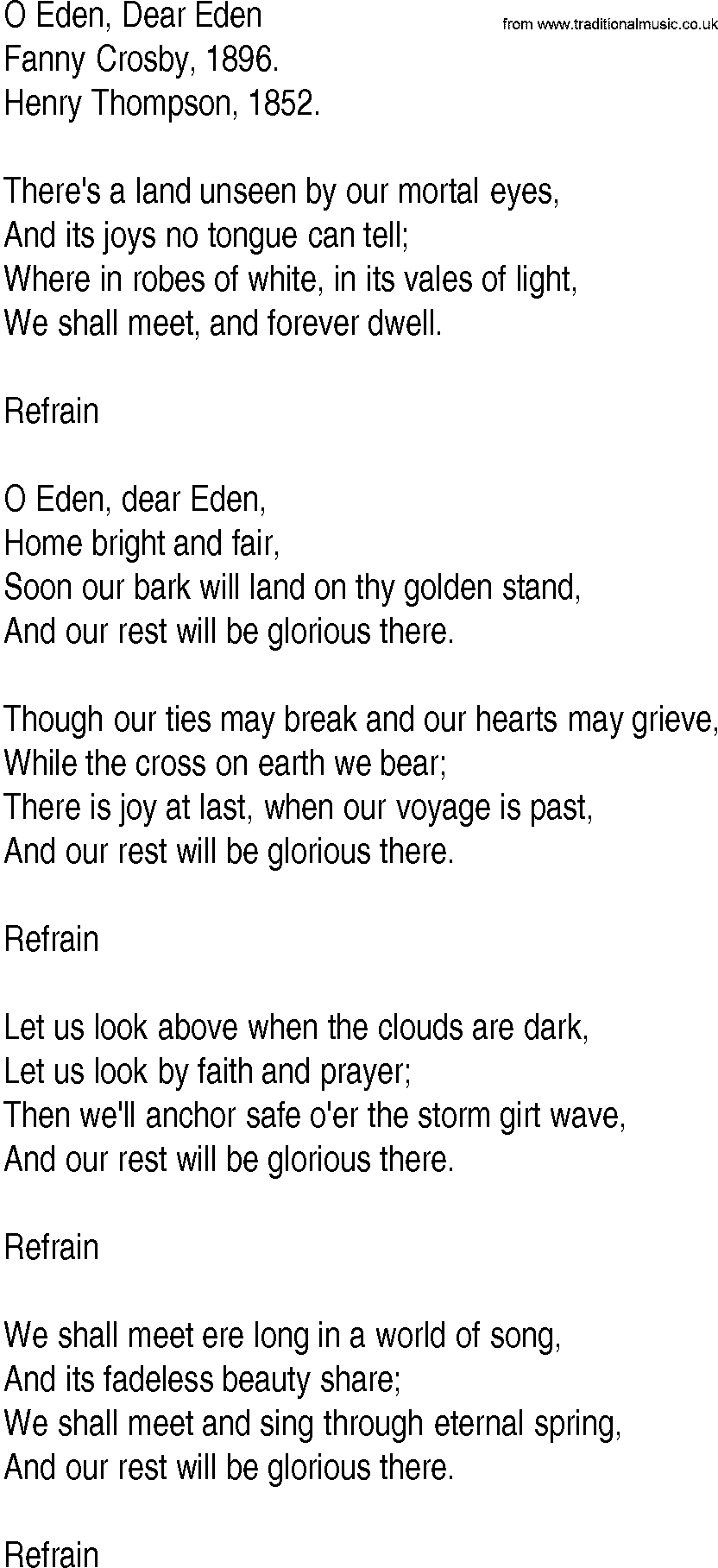 Hymn and Gospel Song: O Eden, Dear Eden by Fanny Crosby lyrics