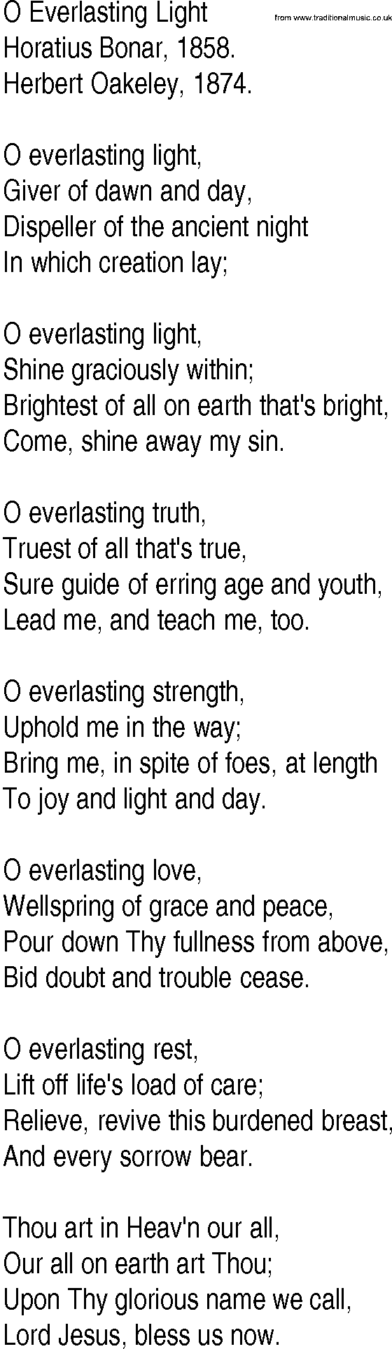 Hymn and Gospel Song: O Everlasting Light by Horatius Bonar lyrics