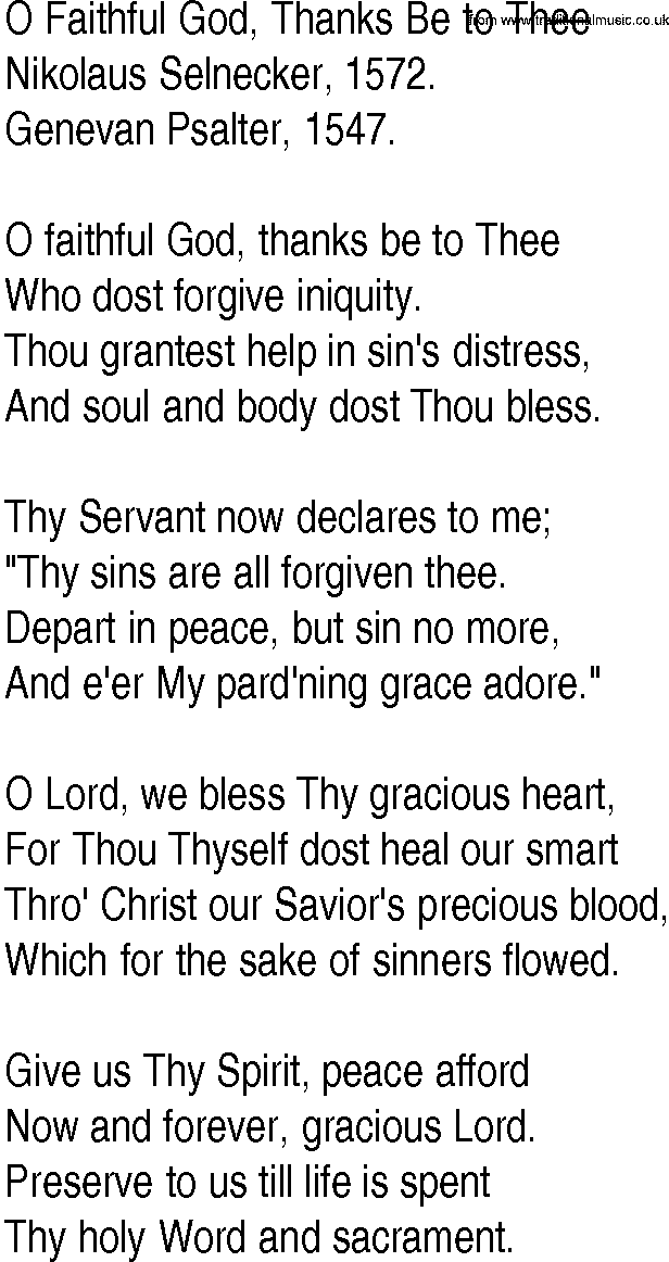 Hymn and Gospel Song: O Faithful God, Thanks Be to Thee by Nikolaus Selnecker lyrics