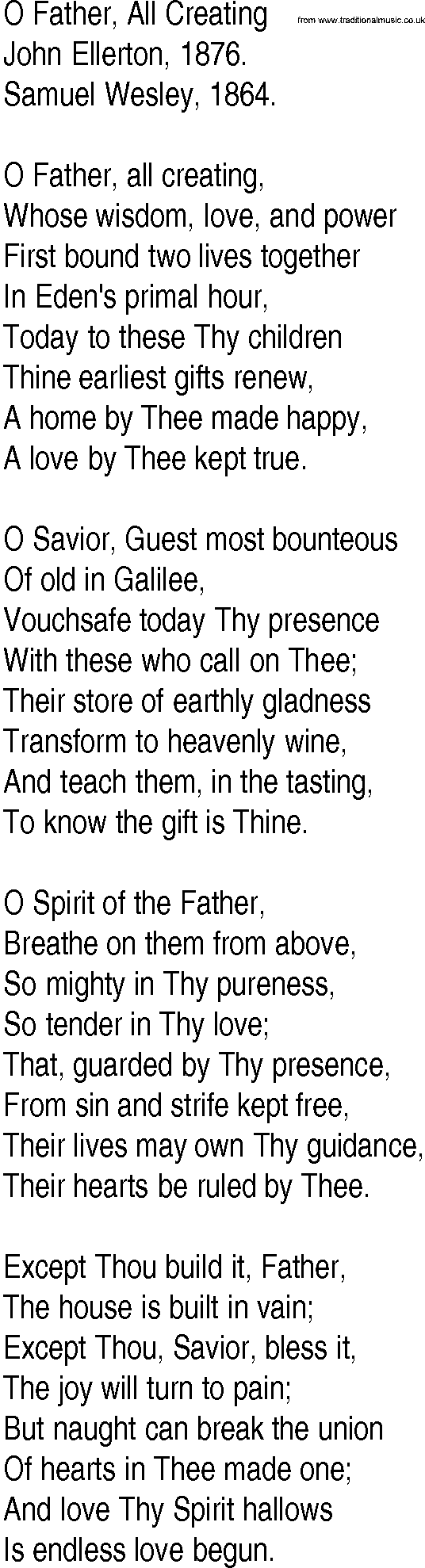 Hymn and Gospel Song: O Father, All Creating by John Ellerton lyrics
