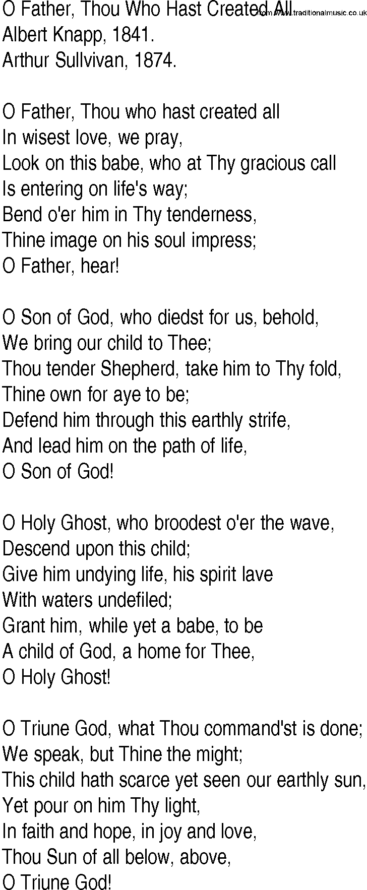 Hymn and Gospel Song: O Father, Thou Who Hast Created All by Albert Knapp lyrics