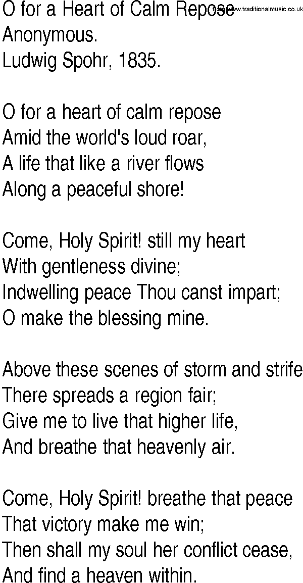 Hymn and Gospel Song: O for a Heart of Calm Repose by Anonymous lyrics