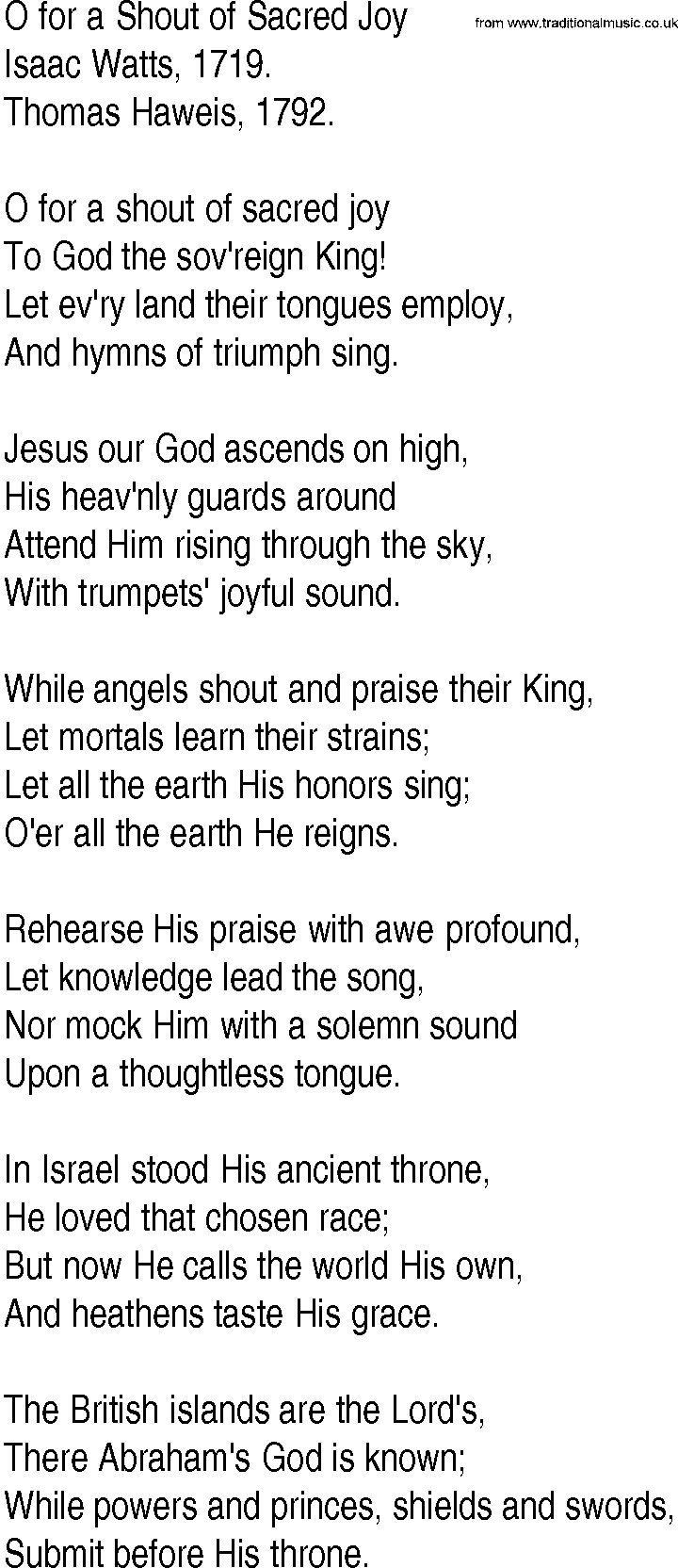 Hymn and Gospel Song: O for a Shout of Sacred Joy by Isaac Watts lyrics