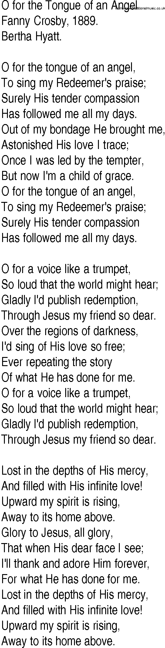 Hymn and Gospel Song: O for the Tongue of an Angel by Fanny Crosby lyrics