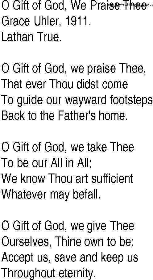 Hymn and Gospel Song: O Gift of God, We Praise Thee by Grace Uhler lyrics