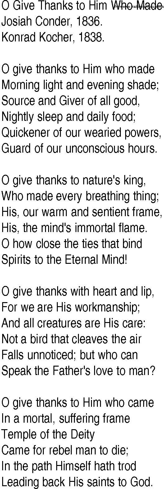 Hymn and Gospel Song: O Give Thanks to Him Who Made by Josiah Conder lyrics