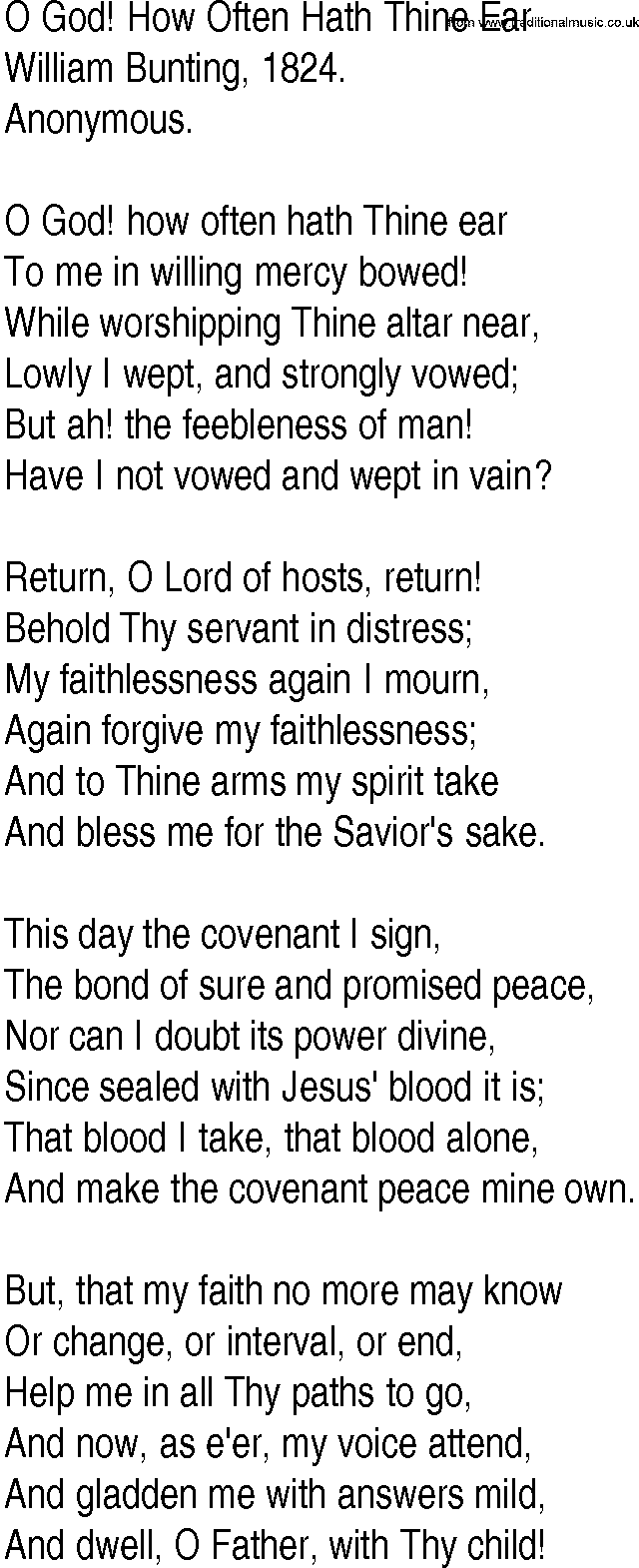 Hymn and Gospel Song: O God! How Often Hath Thine Ear by William Bunting lyrics