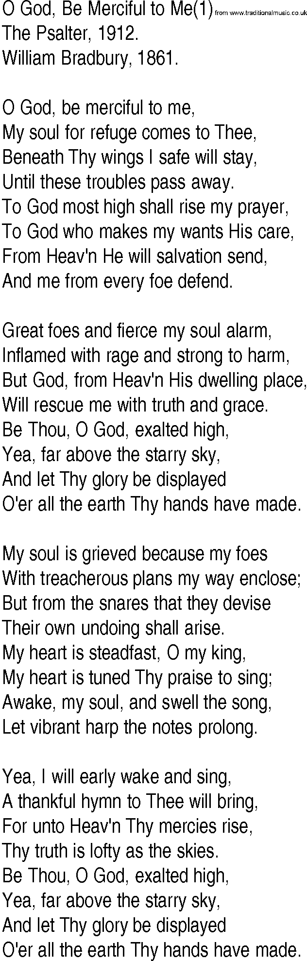 Hymn and Gospel Song: O God, Be Merciful to Me(1) by The Psalter lyrics