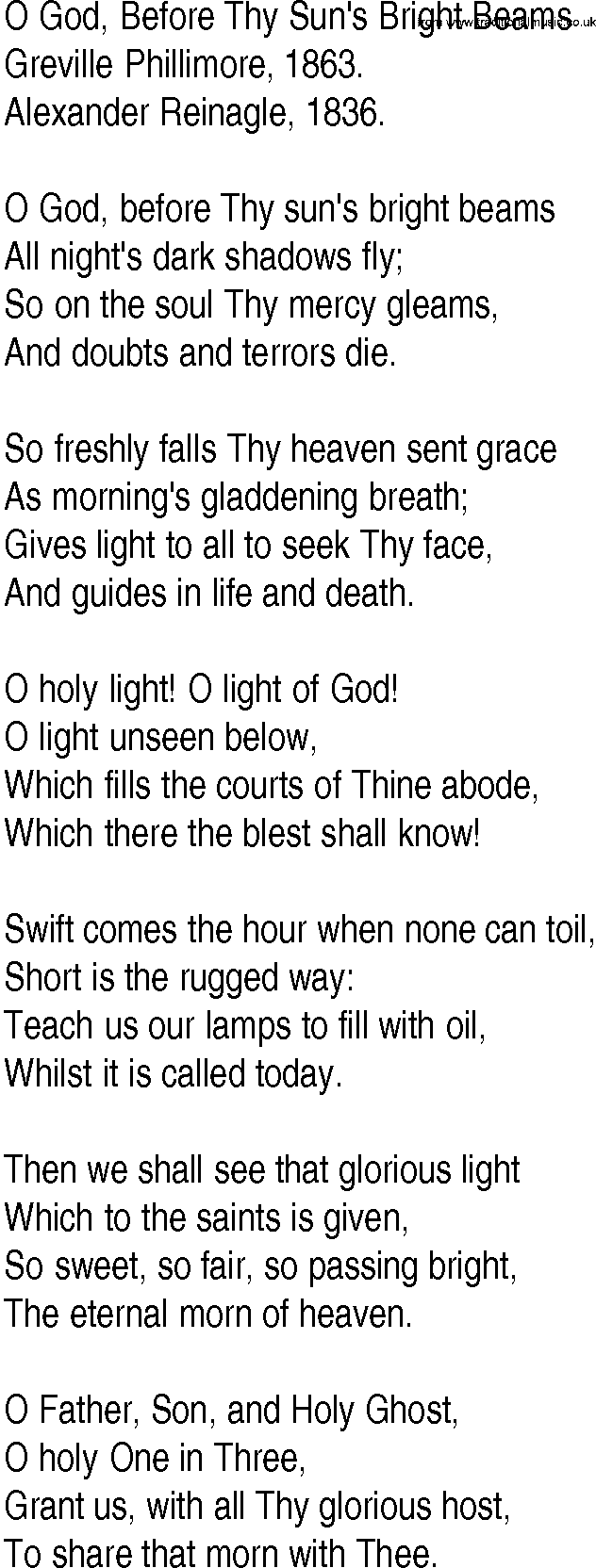 Hymn and Gospel Song: O God, Before Thy Sun's Bright Beams by Greville Phillimore lyrics