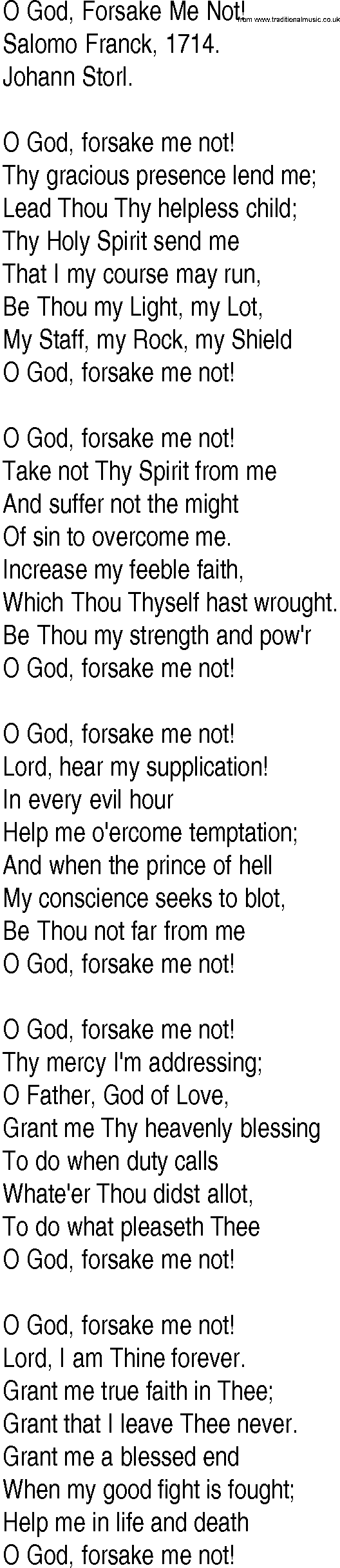 Hymn and Gospel Song: O God, Forsake Me Not! by Salomo Franck lyrics