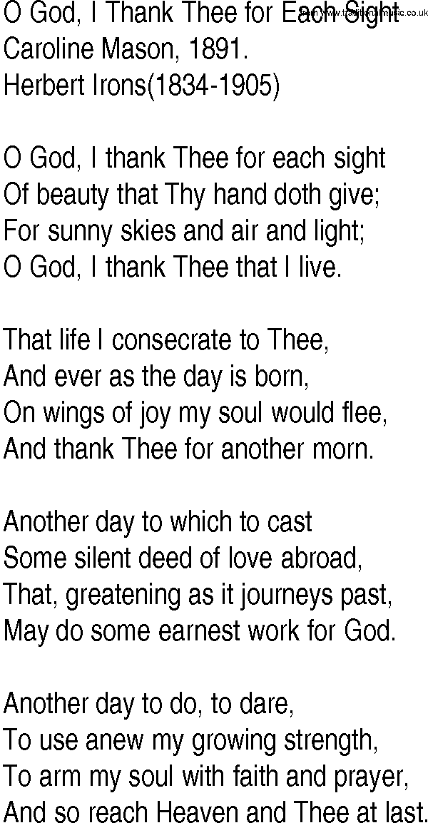 Hymn and Gospel Song: O God, I Thank Thee for Each Sight by Caroline Mason lyrics