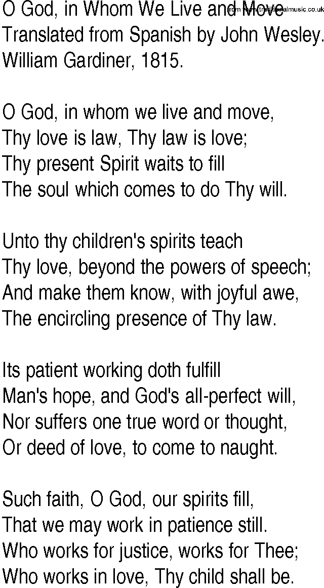 Hymn and Gospel Song: O God, in Whom We Live and Move by Translated from Spanish by John Wesley lyrics