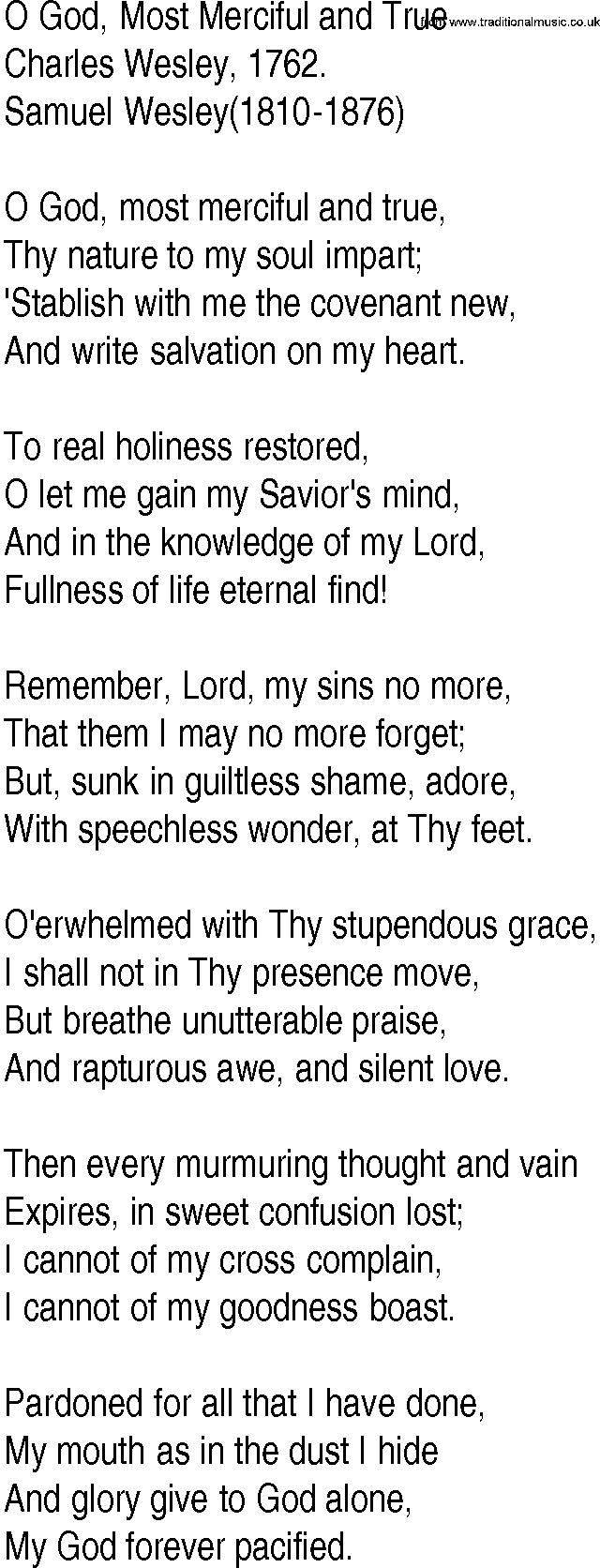 Hymn and Gospel Song: O God, Most Merciful and True by Charles Wesley lyrics