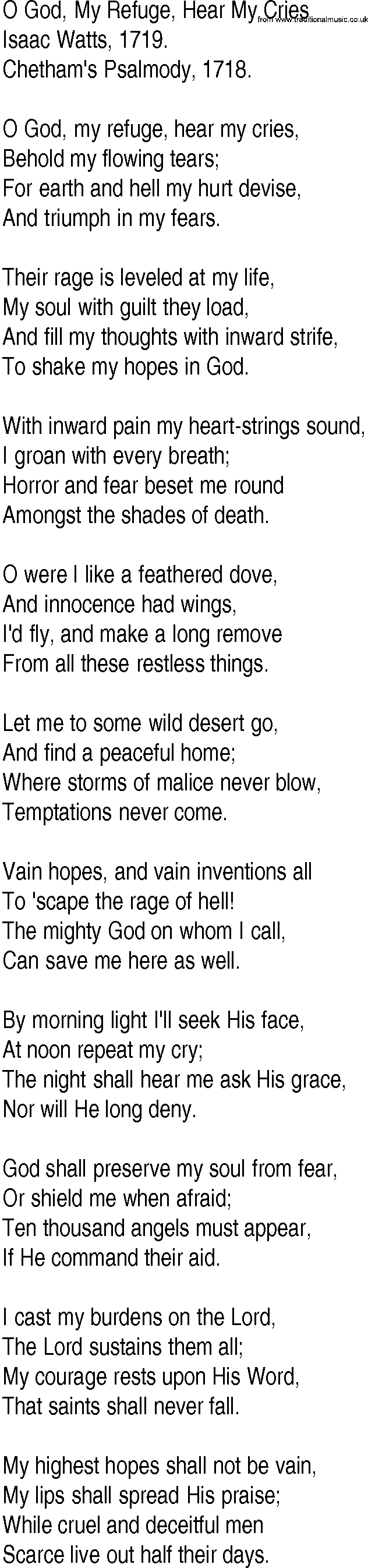 Hymn and Gospel Song: O God, My Refuge, Hear My Cries by Isaac Watts lyrics