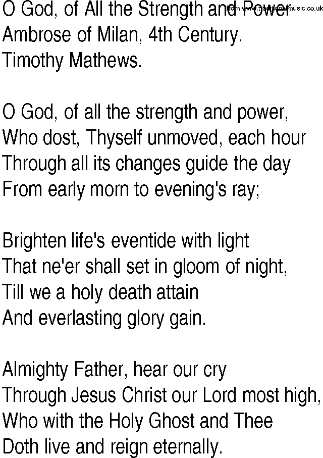 Hymn and Gospel Song: O God, of All the Strength and Power by Ambrose of Milan th Century lyrics