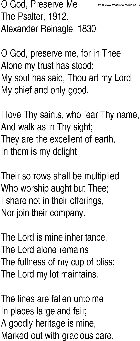 Hymn and Gospel Song: O God, Preserve Me by The Psalter lyrics