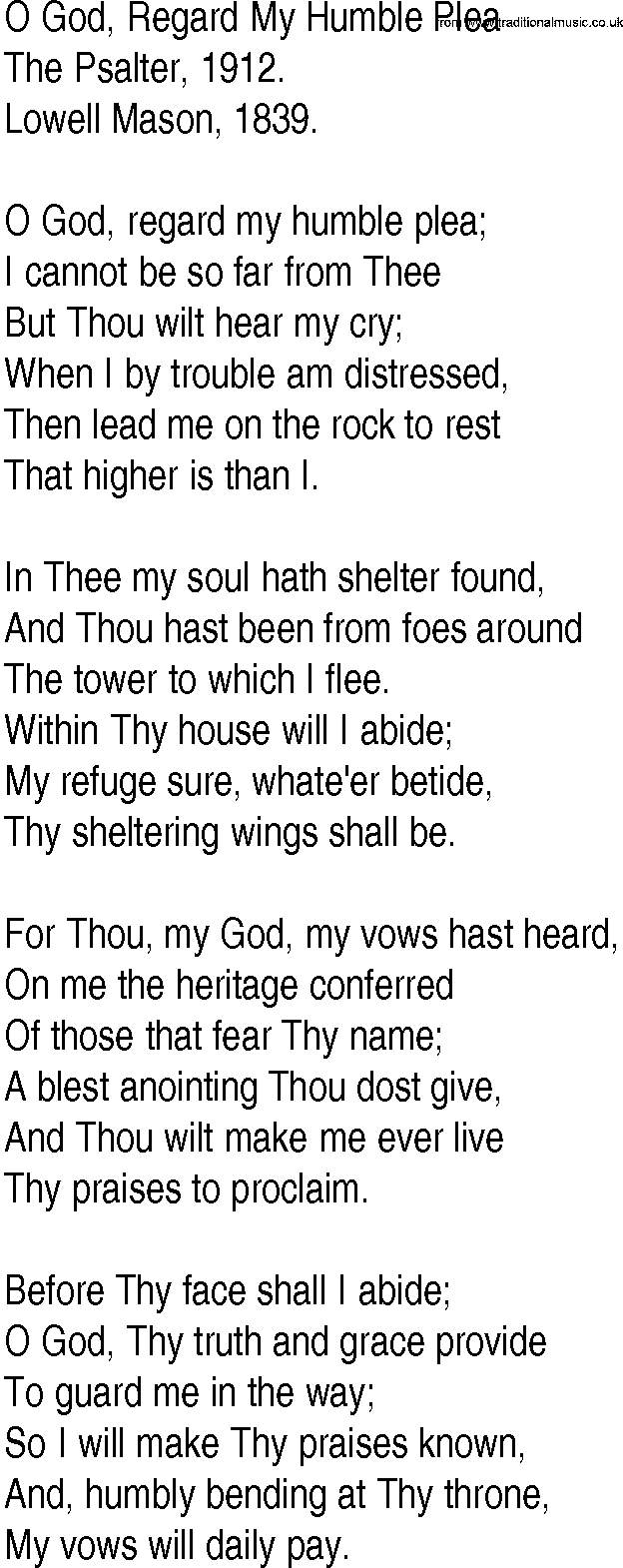 Hymn and Gospel Song: O God, Regard My Humble Plea by The Psalter lyrics