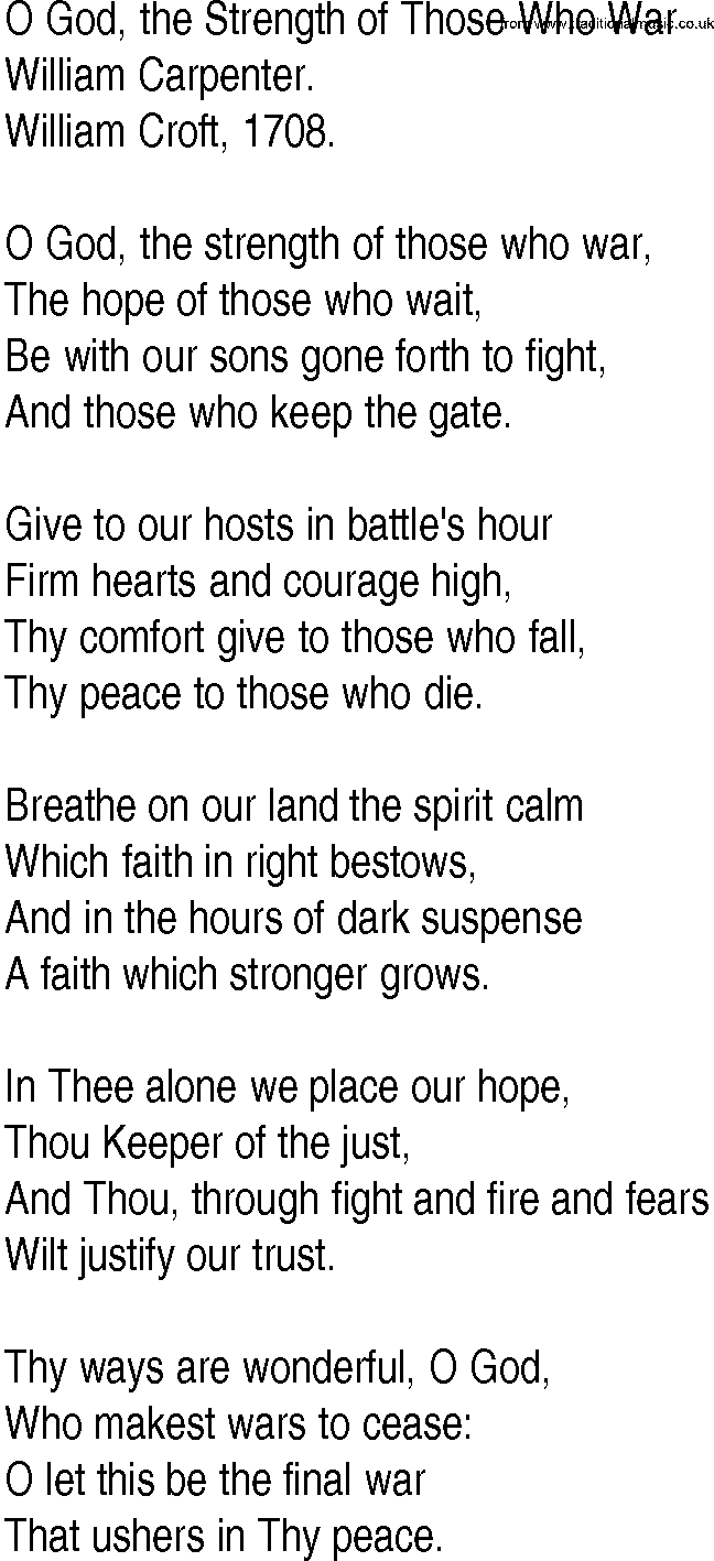 Hymn and Gospel Song: O God, the Strength of Those Who War by William Carpenter lyrics