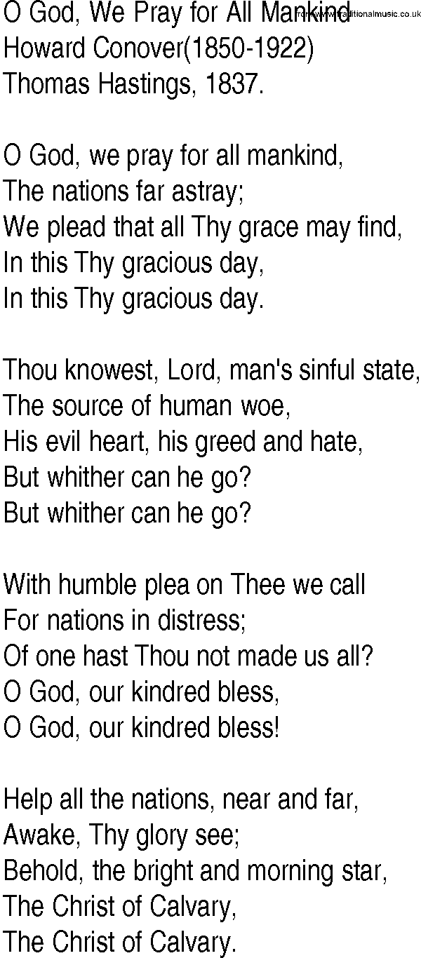 Hymn and Gospel Song: O God, We Pray for All Mankind by Howard Conover lyrics